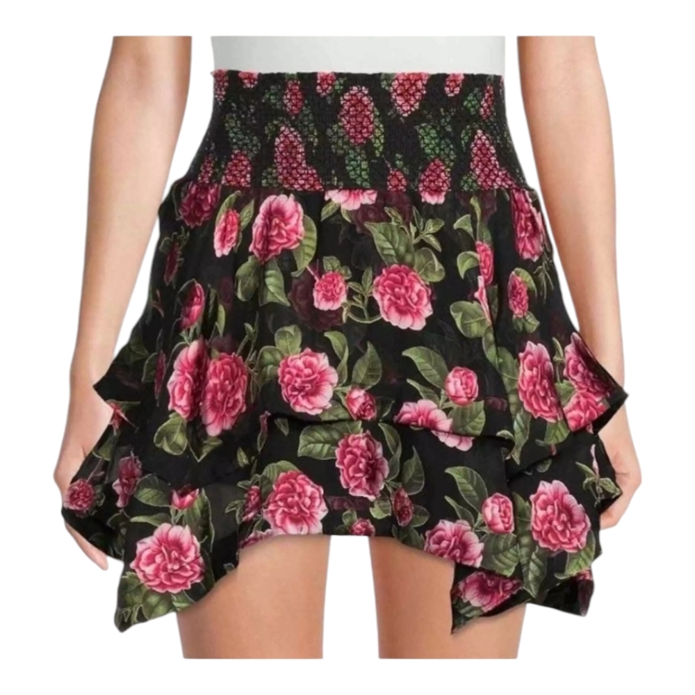 Alice + Olivia Zarya Rose Floral Silk‎ Layered Smocked Mini Skirt Women's 2 NWT